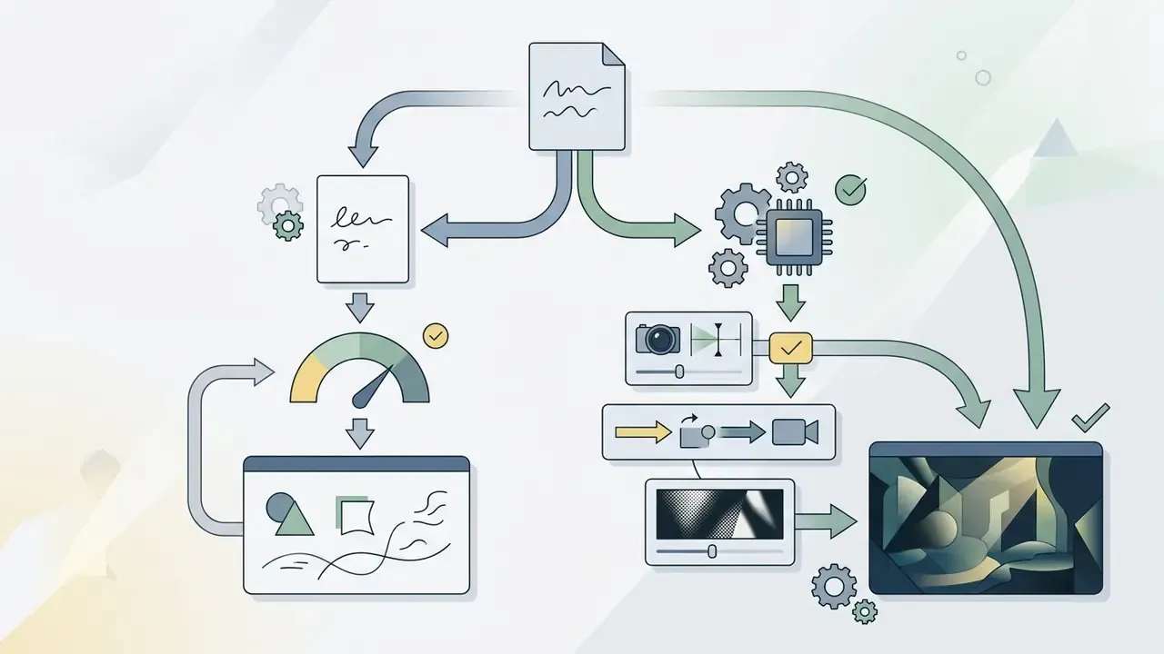 Diagram showing text prompts flowing into cinematic parsing tools, camera controls, and video output