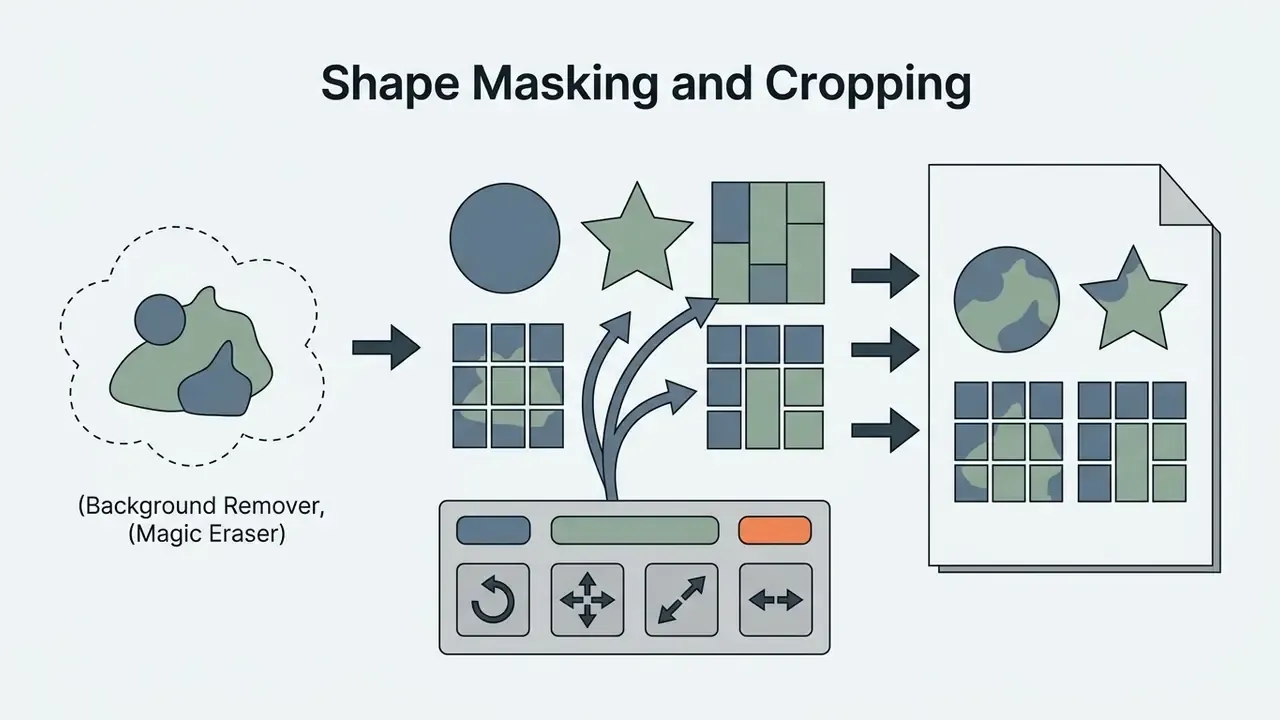 Isolated image subjects being placed into various geometric frames and layout grids