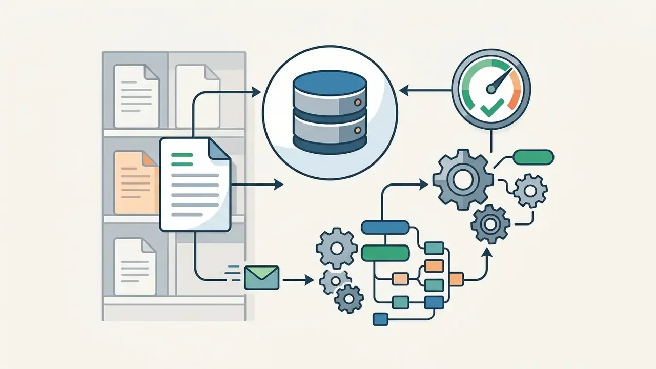 File storage feeding into a database and a gear system connected to a performance gauge