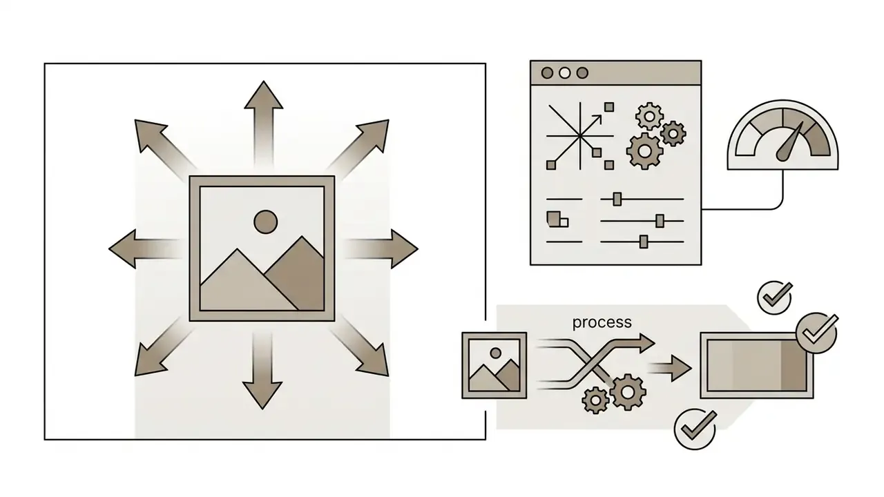 Central image expanding outward with arrows connected to control panels and a gear processing workflow
