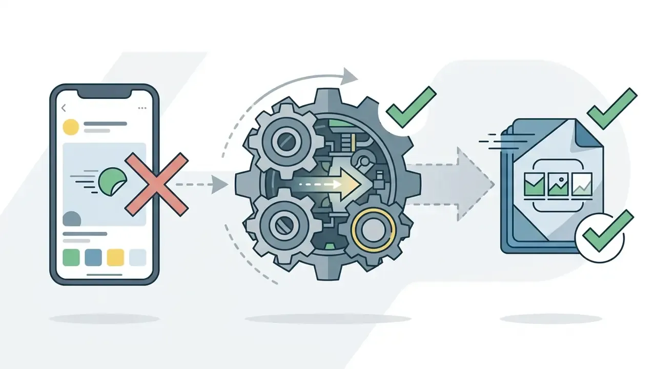 Smartphone with a rejected sticker moving through a gear mechanism into an animated video file format