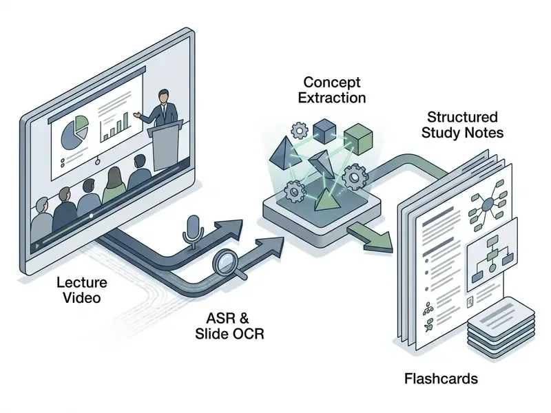 Diagram showing lecture video data processed through ASR and OCR to generate study notes and flashcards