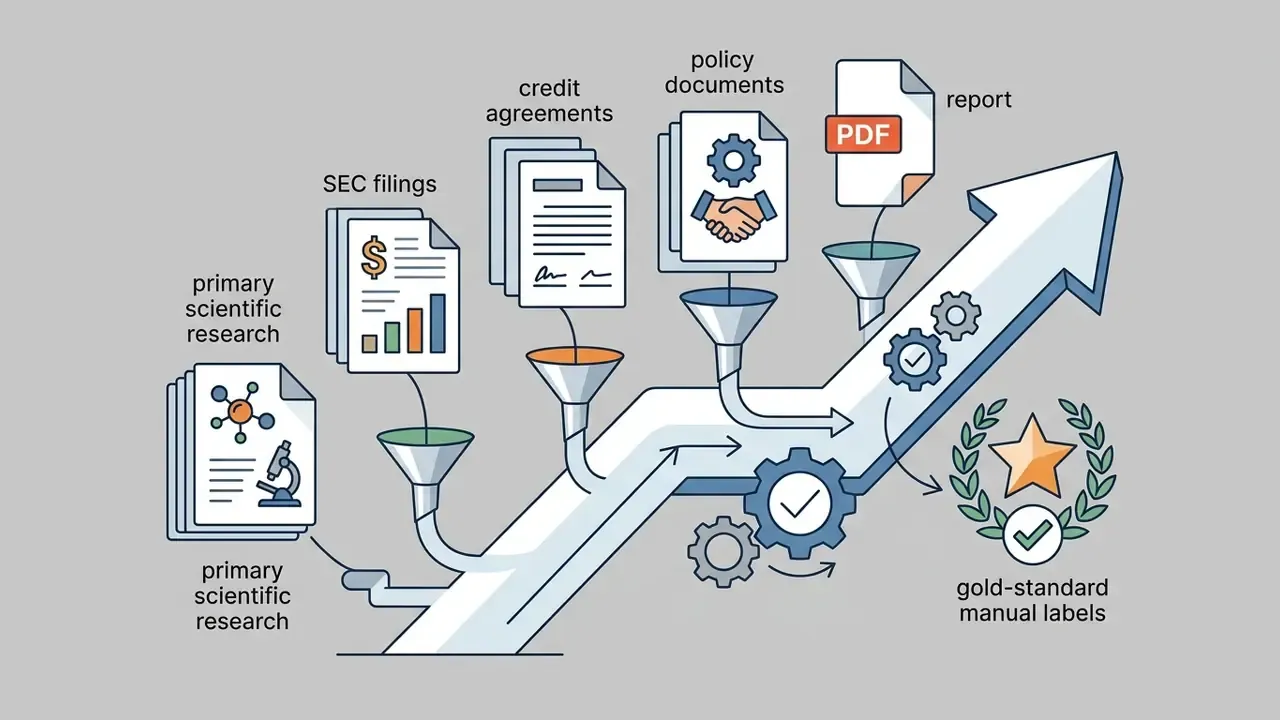 Various documents feeding through funnels into a processing arrow to create gold-standard manual labels
