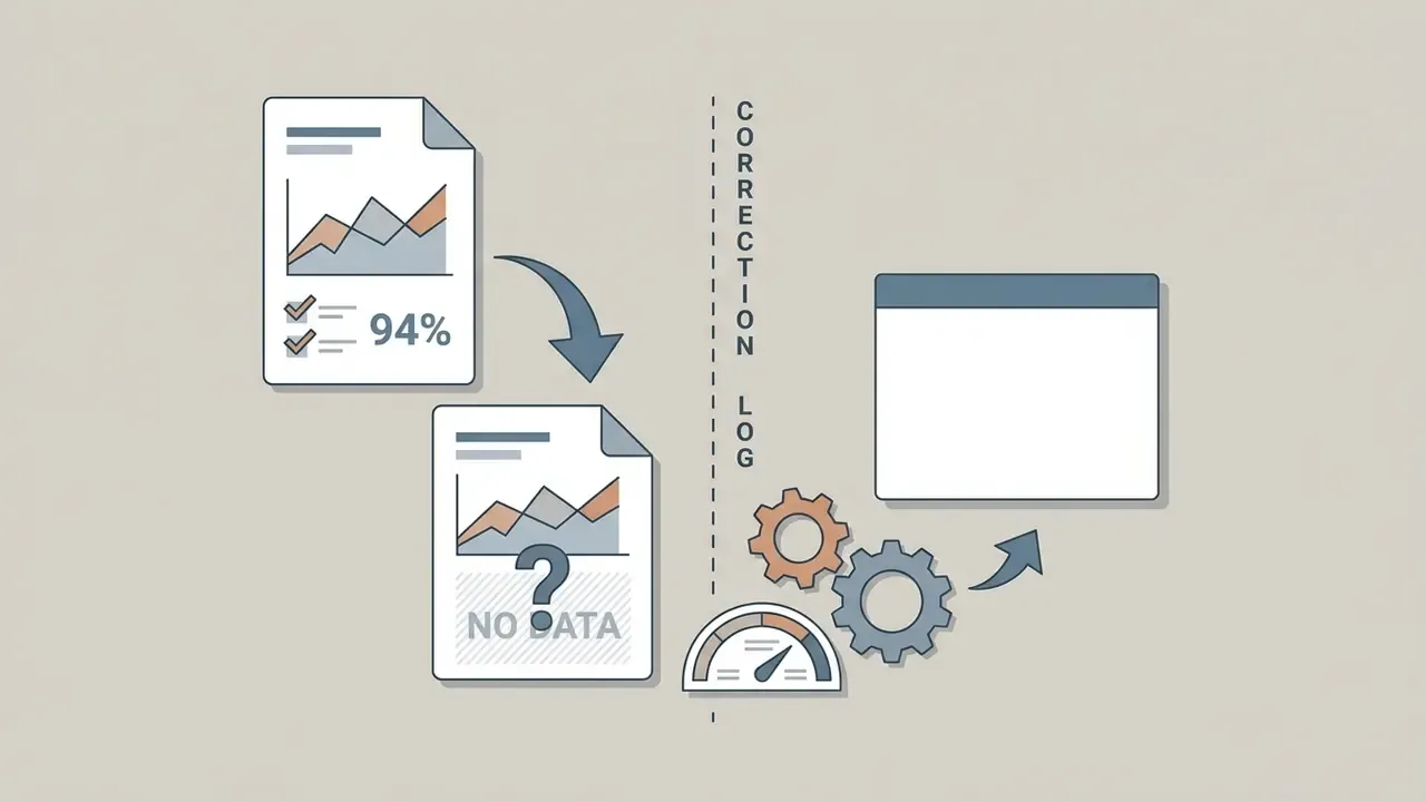 Document with percentage data transforming into a file with a question mark next to a gear and gauge system