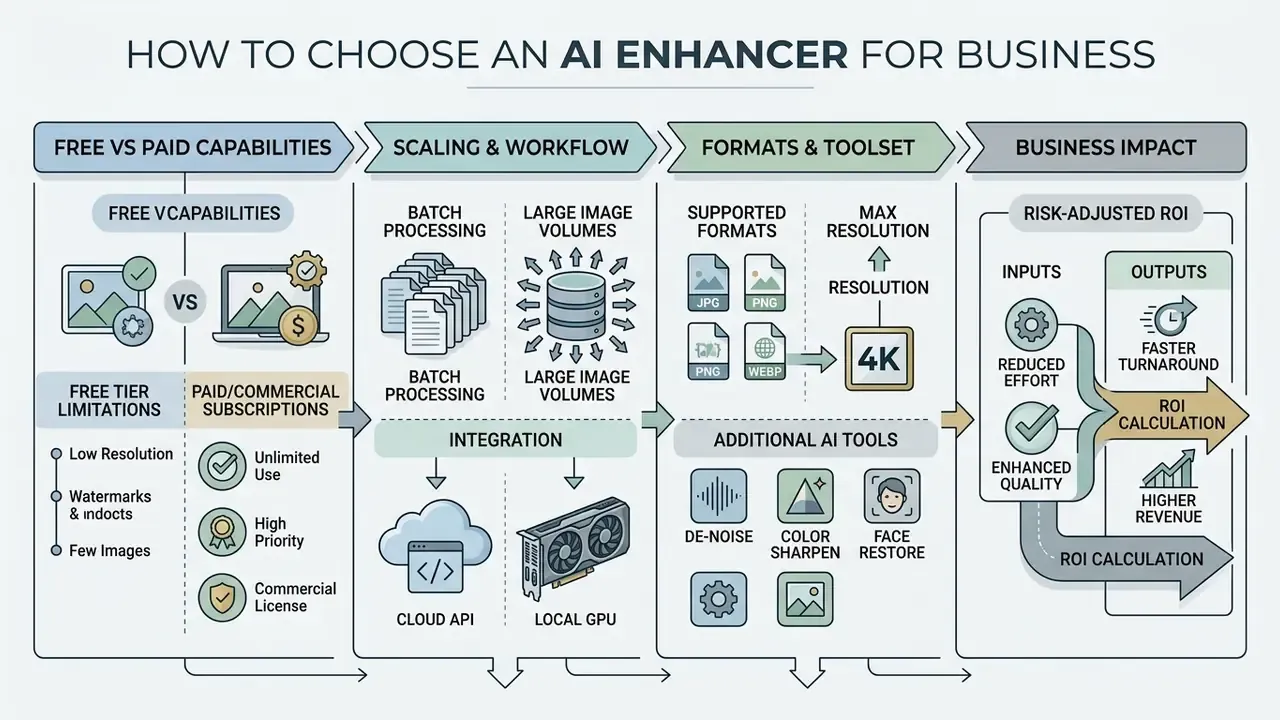 Four-part infographic outlining key business considerations for selecting professional image enhancement tools