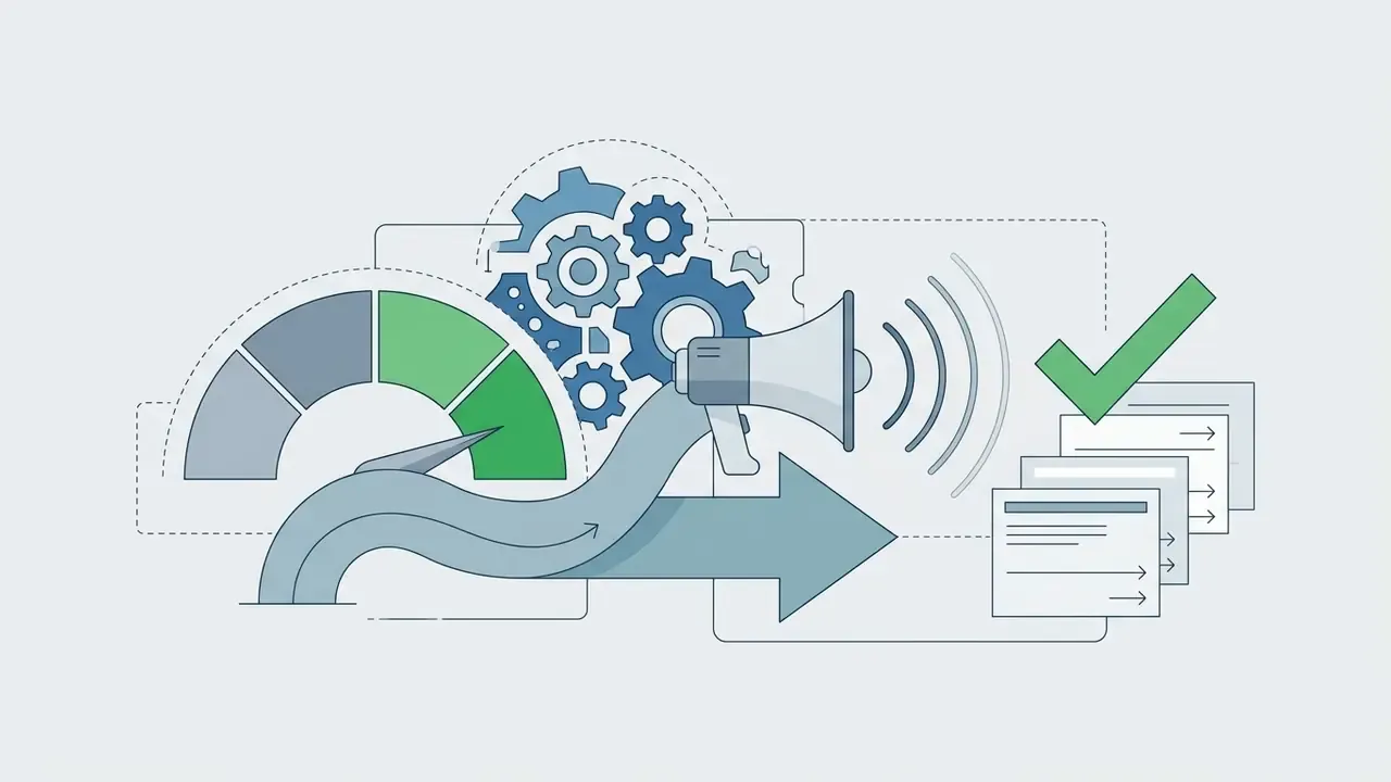 Megaphone broadcasting signals toward documents with a checkmark alongside gears and a performance gauge