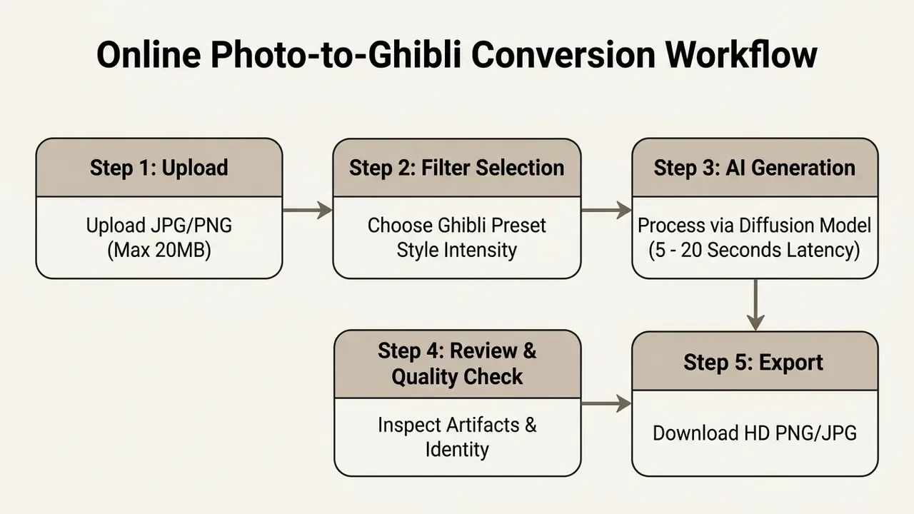 Step-by-step flowchart illustrating the five stages of an online photo to Ghibli style converter