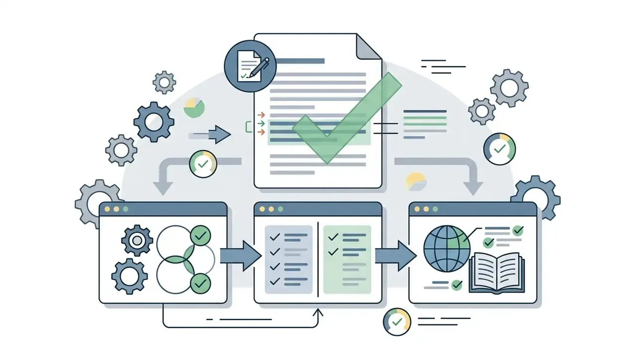 Document with a checkmark surrounded by gears and interface screens showing data analysis and editing