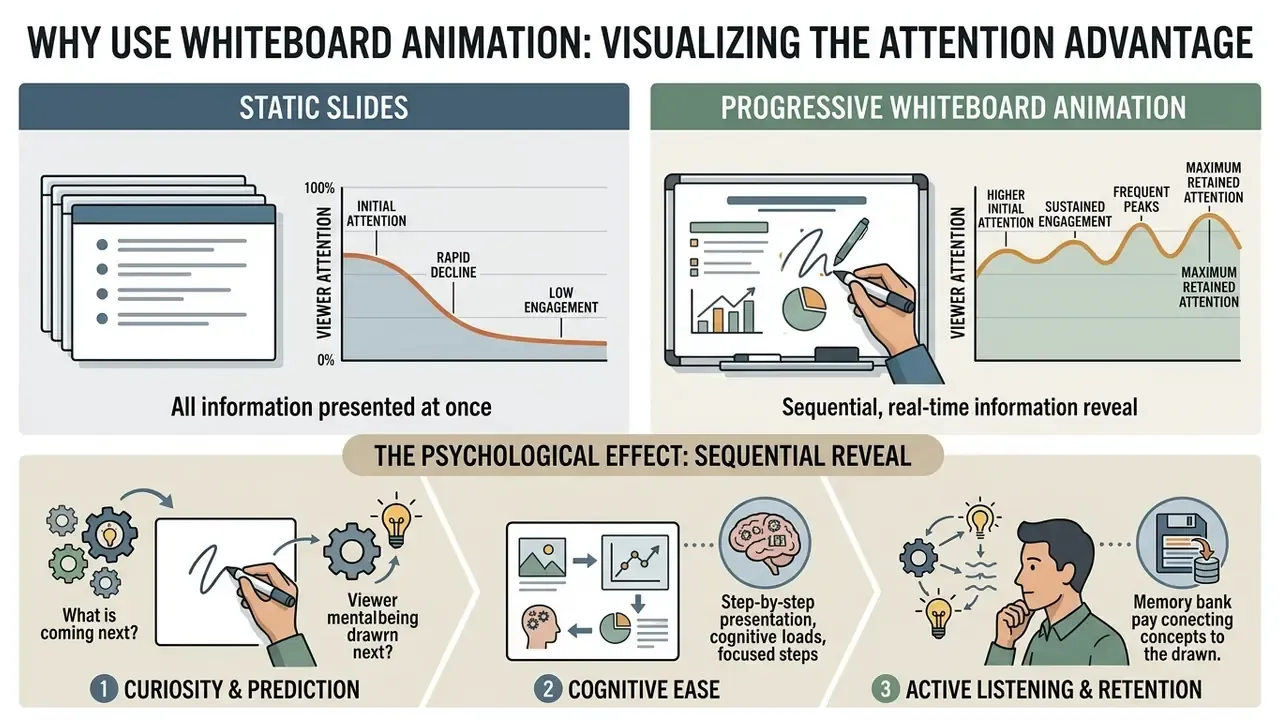 Infographic comparing viewer attention levels between static slides and progressive whiteboard animation