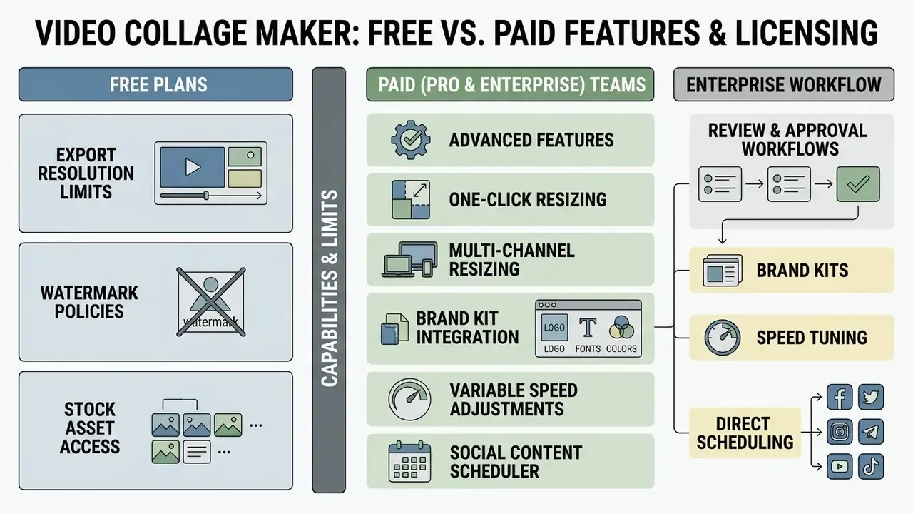 Comparison of free versus paid software capabilities including resolution limits and enterprise tools