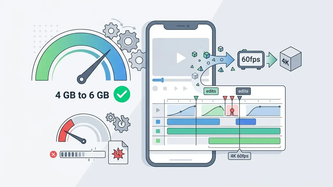 Smartphone processing complex 4K 60 fps video edits with sufficient RAM compared to a failing low-RAM device