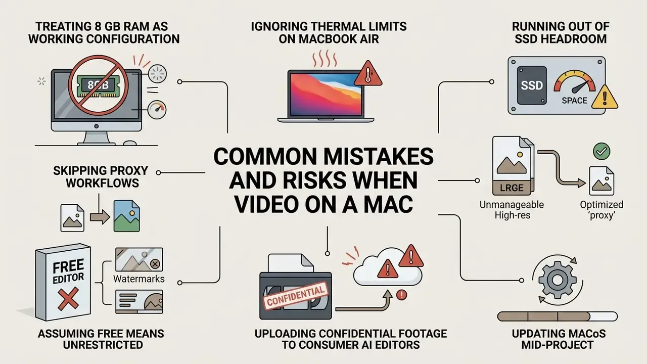 Diagram highlighting technical pitfalls like insufficient RAM, thermal throttling, and storage constraints