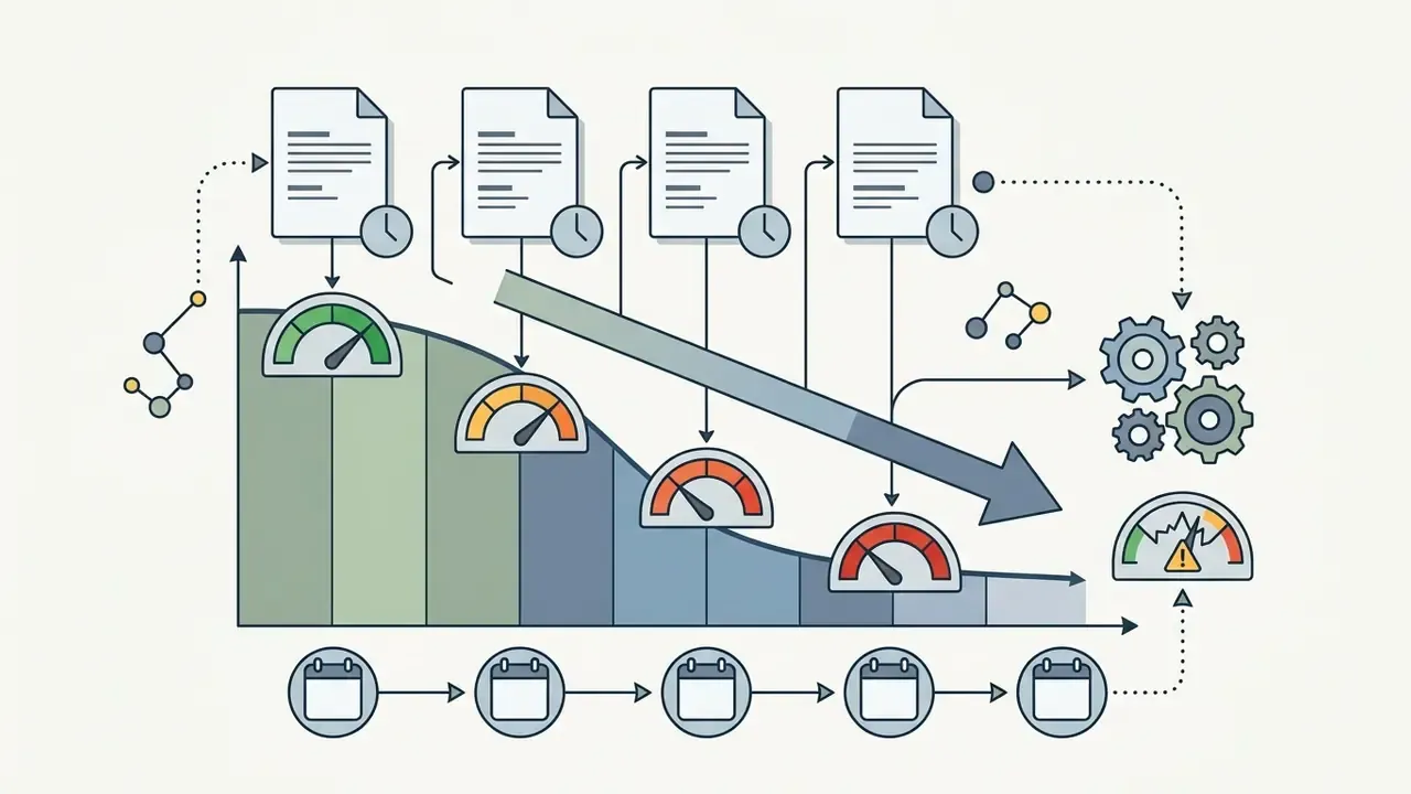 Line graph showing declining performance metrics with gauges and document icons tracking model confidence over time