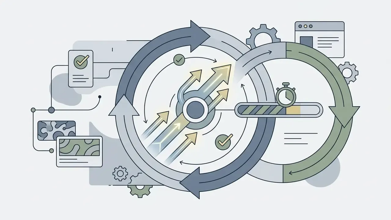 Circular arrows connecting task icons and a progress bar to represent a self-sustaining boost loop
