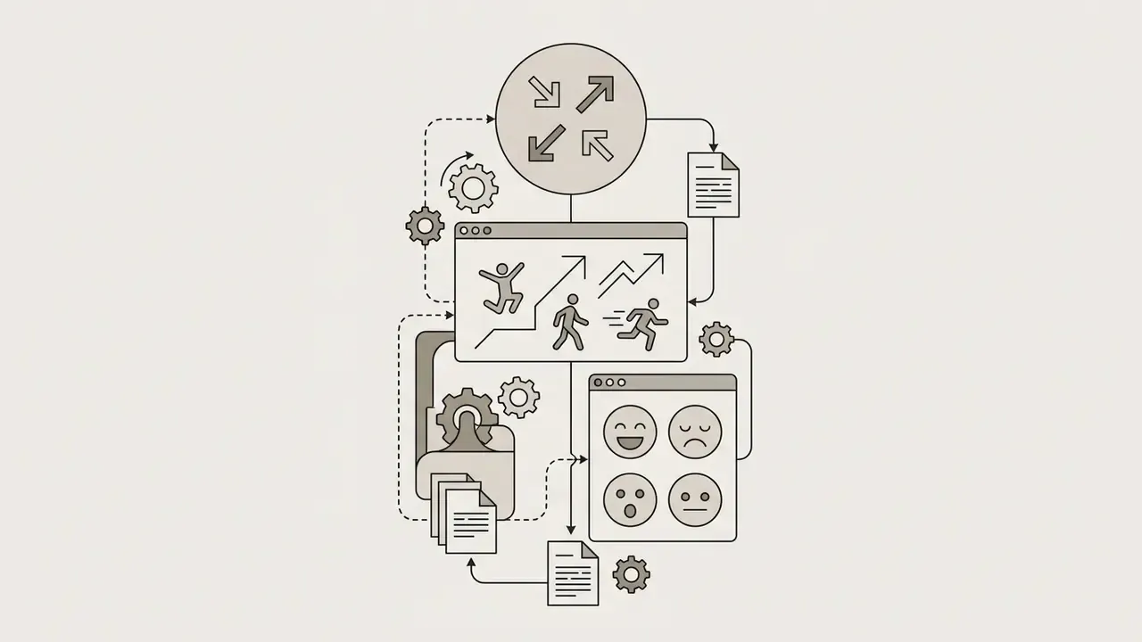 Flowchart connecting character poses and facial expressions to processing gears and document outputs