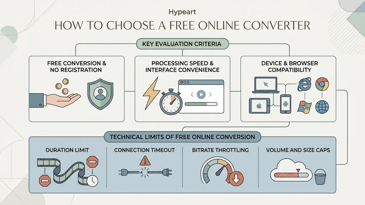 Infographic outlining evaluation criteria and technical limits for an online YouTube video converter