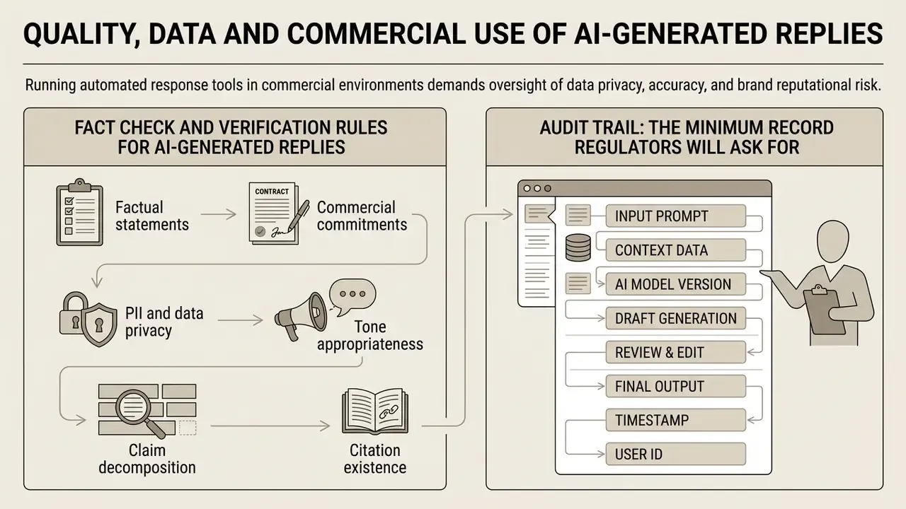 Infographic showing verification rules for AI responses alongside a process flow for regulatory audit trails