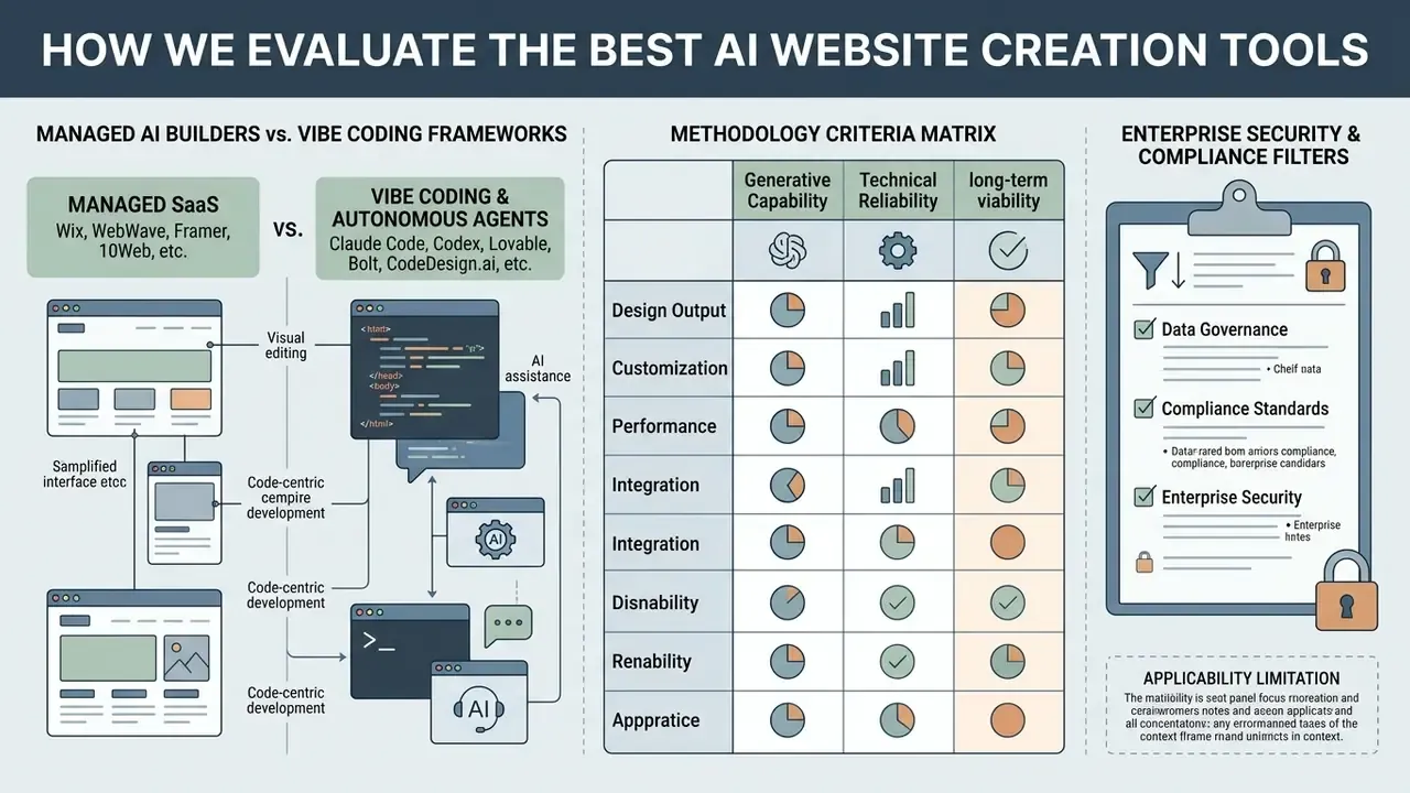 Comparison infographic showing evaluation criteria for managed AI builders and vibe coding frameworks