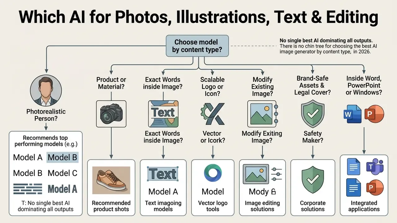 Flowchart helping users select the best image generating AI based on specific content requirements