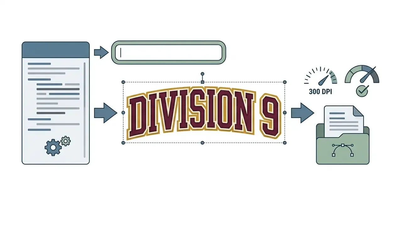 Code panel and text input field processing varsity style text into a print ready vector file