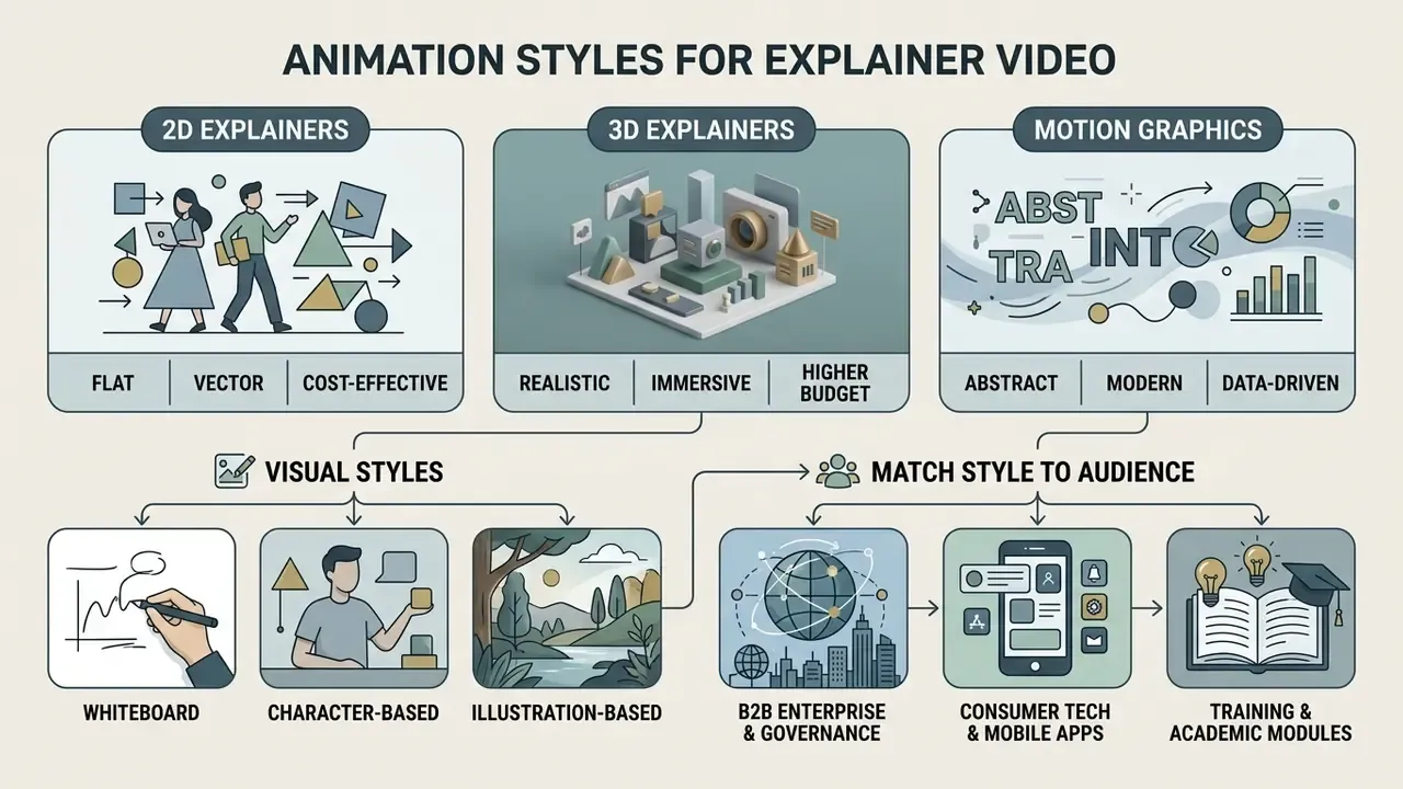 Categorized breakdown of animation styles for an explainer video including 2D, 3D, and motion graphics