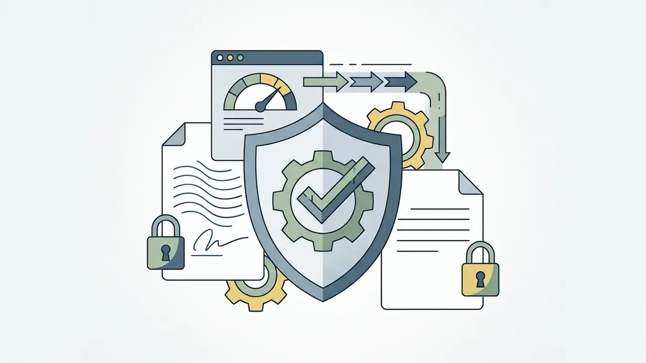 Shield with a gear and checkmark icon surrounded by legal documents, padlocks, and a performance gauge