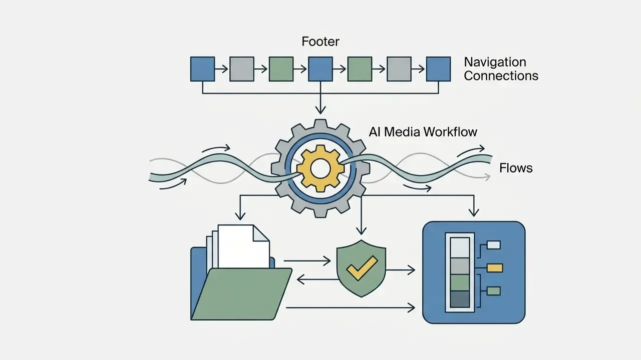 Navigation squares feeding into a central gear icon that processes data for AI Media Workflows