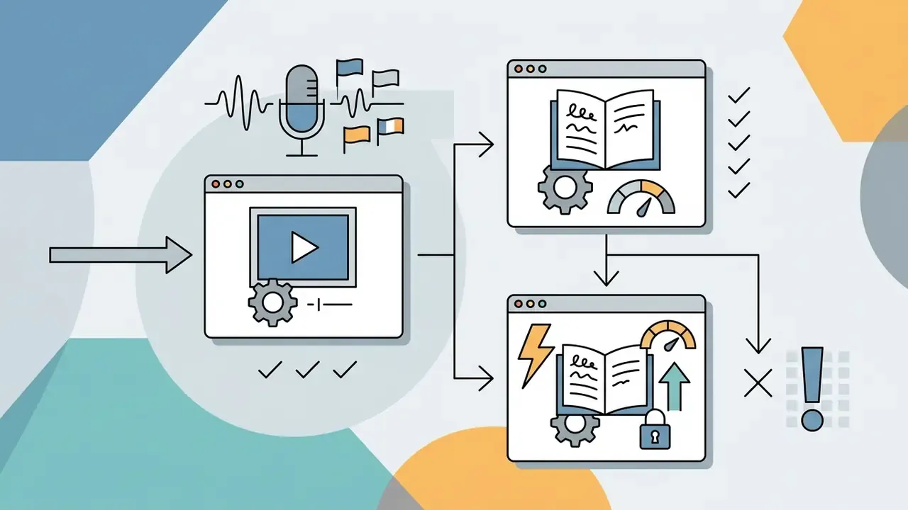 Video editor processing audio and captions into free or gated pro features with warning symbols