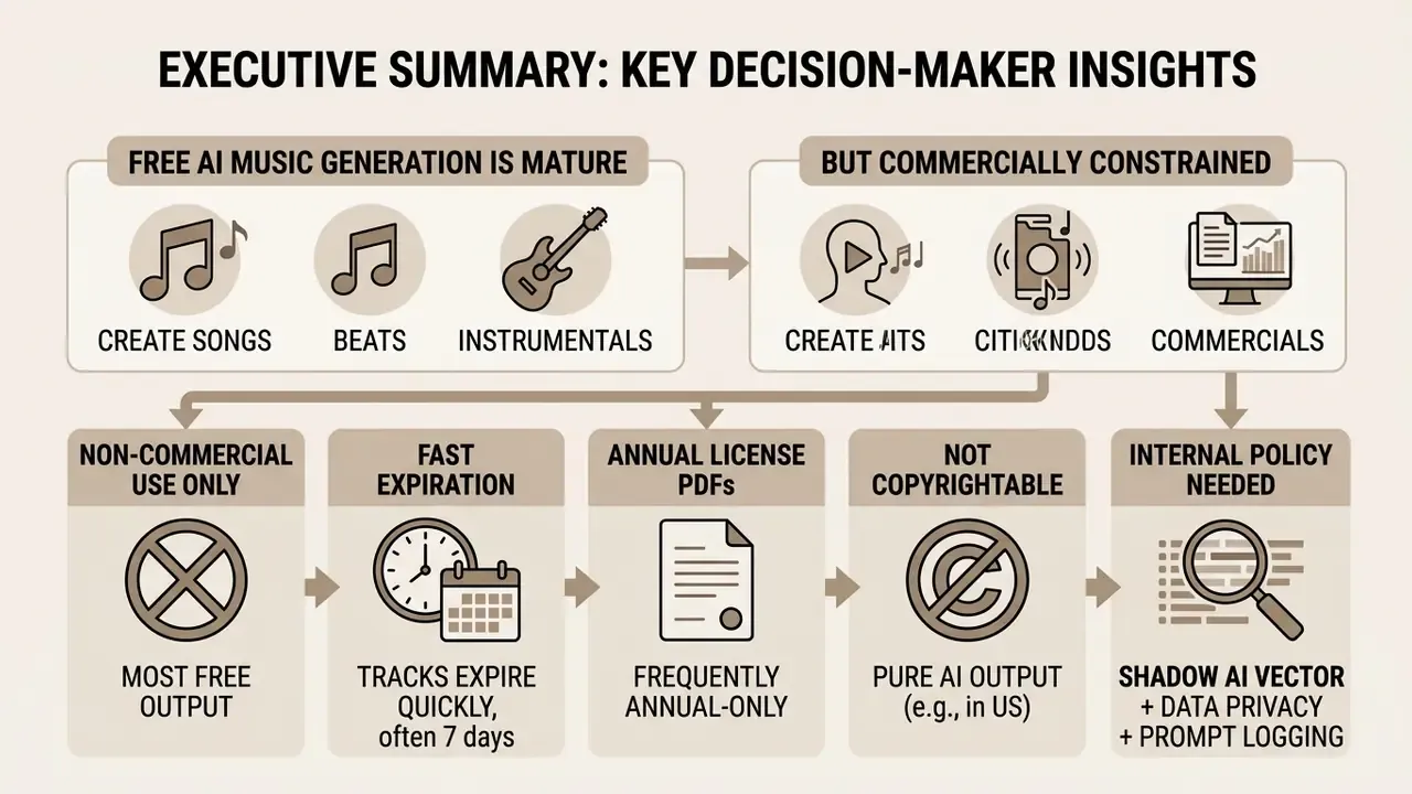 Infographic showing that free AI music generator tools have technical maturity but commercial limitations