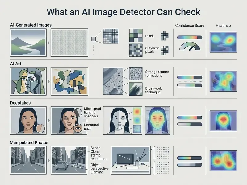 Comparison table detailing how an AI image detector identifies specific visual signals in various media types