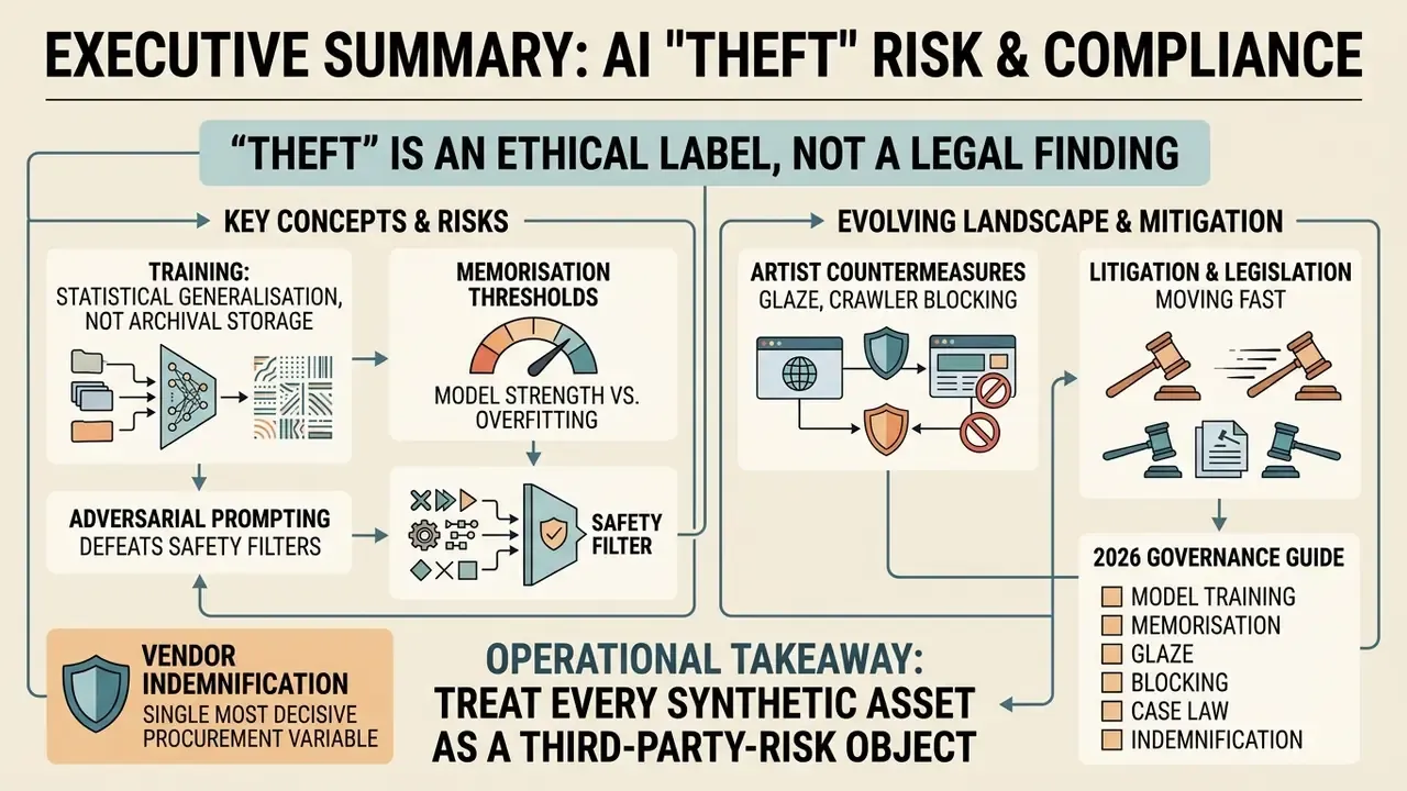 Infographic outlining risks and mitigation strategies regarding AI stealing art and legal compliance