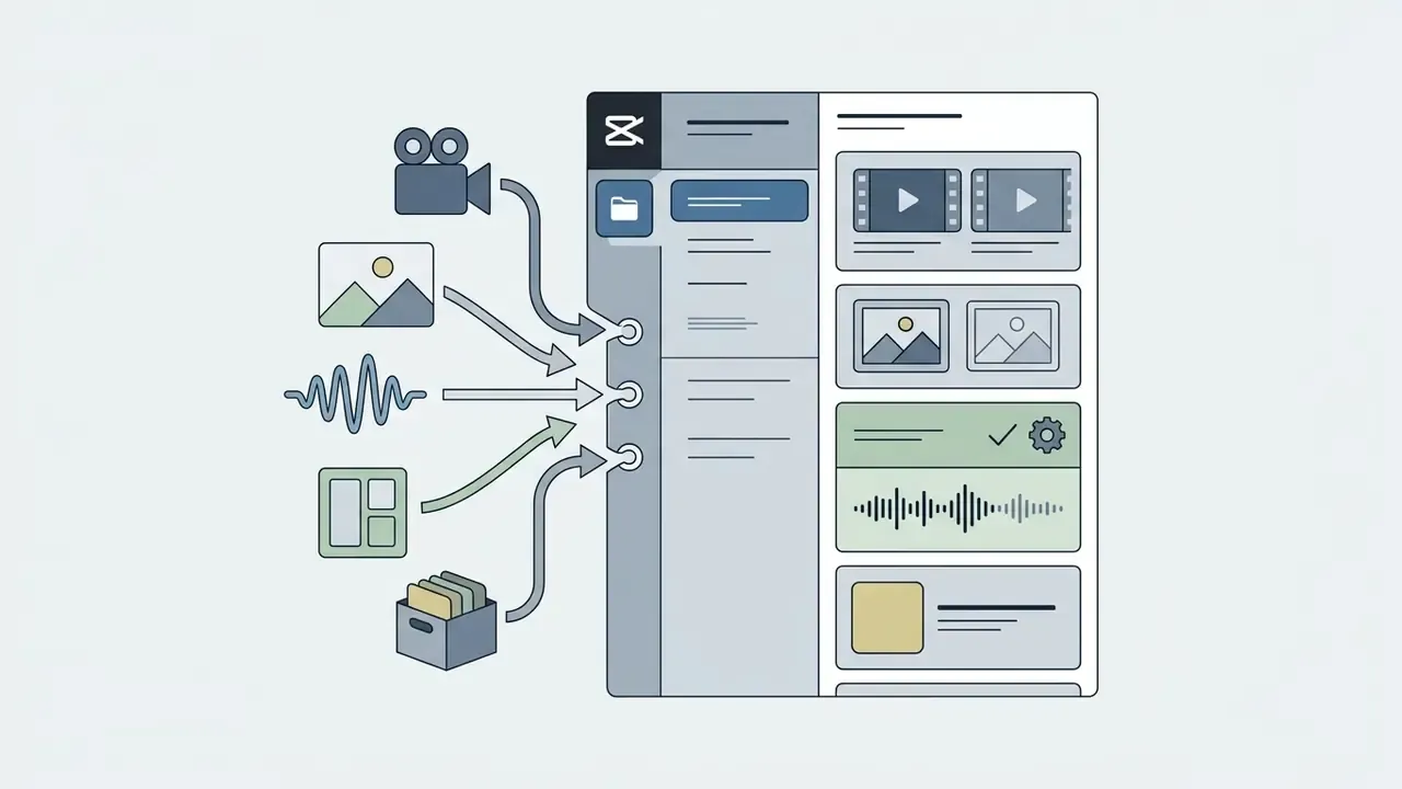 Arrows pointing from icons representing video, images, audio, and files into a media library panel