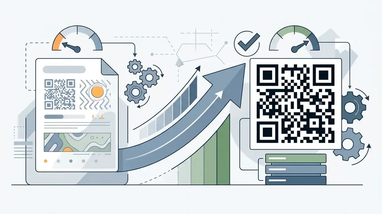 Document with a QR code and gauges connected by an arrow to a finalized QR code with a checkmark