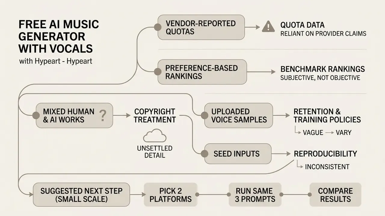 Diagram outlining caveats regarding data reliability, copyright status, and reproducibility in AI music tools