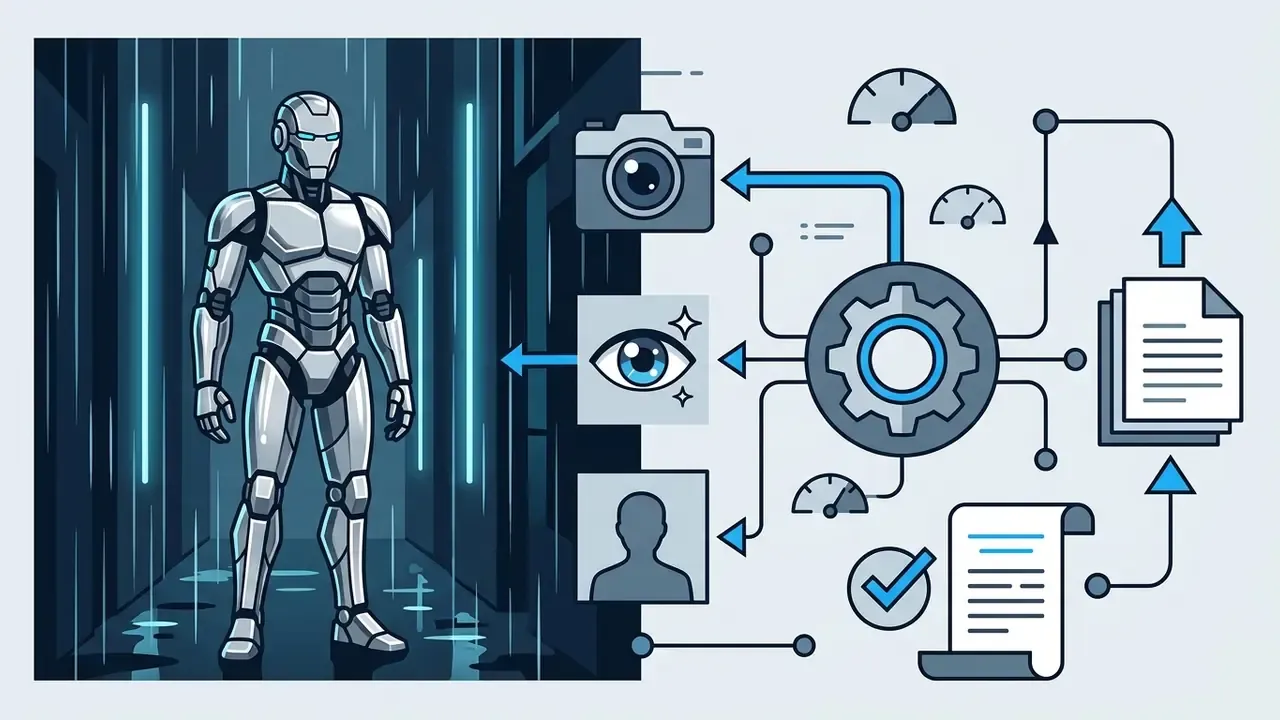 Chrome android in a rainy alley connected to a gear icon with camera, eye, and document processing steps