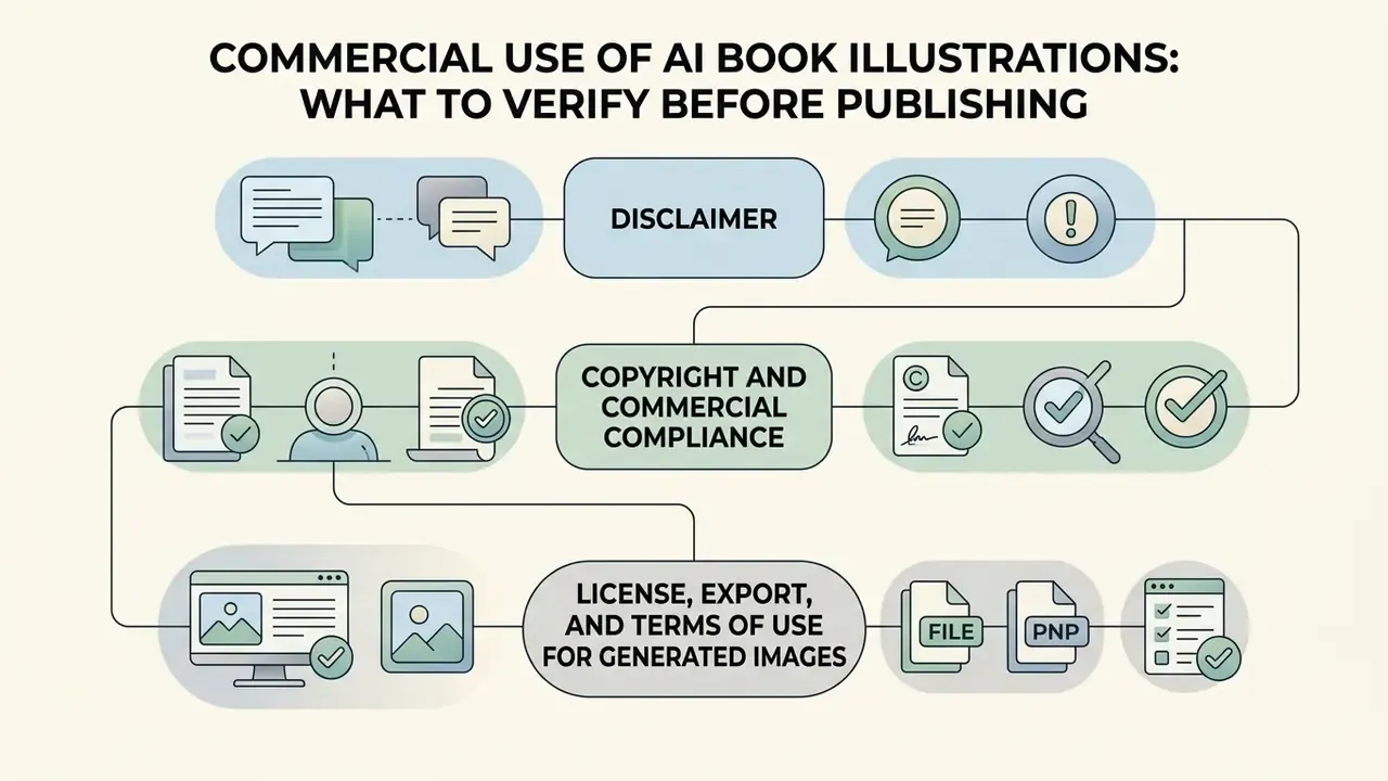 Flowchart outlining verification steps for disclaimers, copyright compliance, and licensing terms