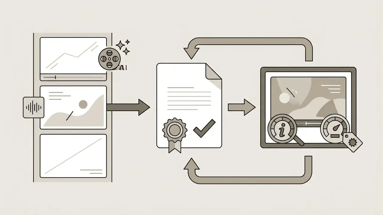 Media timeline feeding into a document verification process and final output with analytics icons