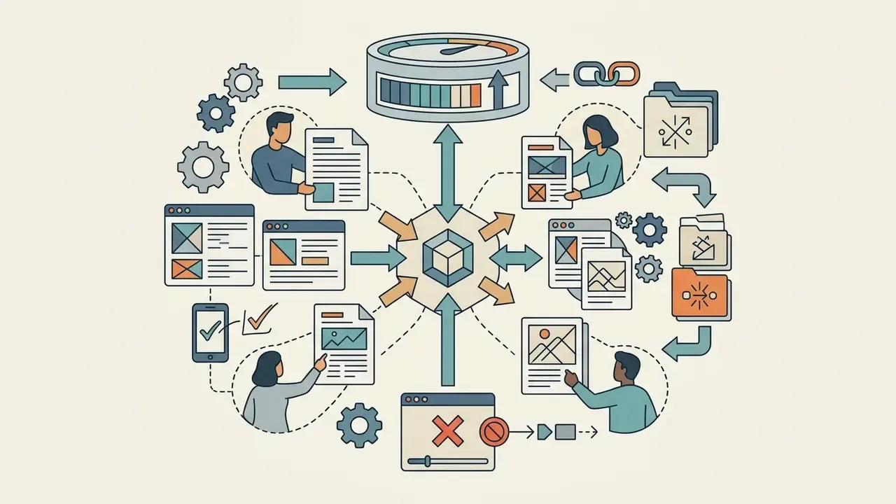 Team members collaborating on documents and digital assets connected to a central Runway AI hub