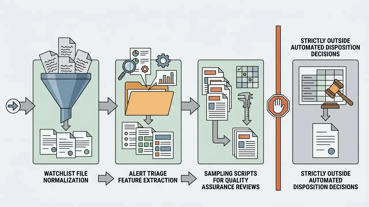 Three-stage workflow for watchlist normalization, alert triage, and quality assurance sampling