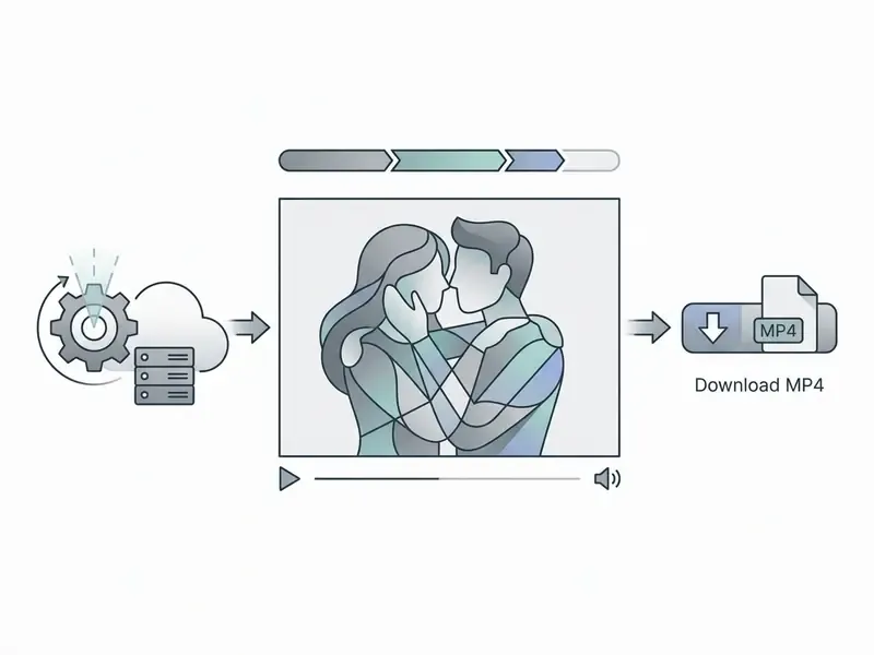 Process showing cloud server generation of a video of a couple kissing followed by an MP4 download button