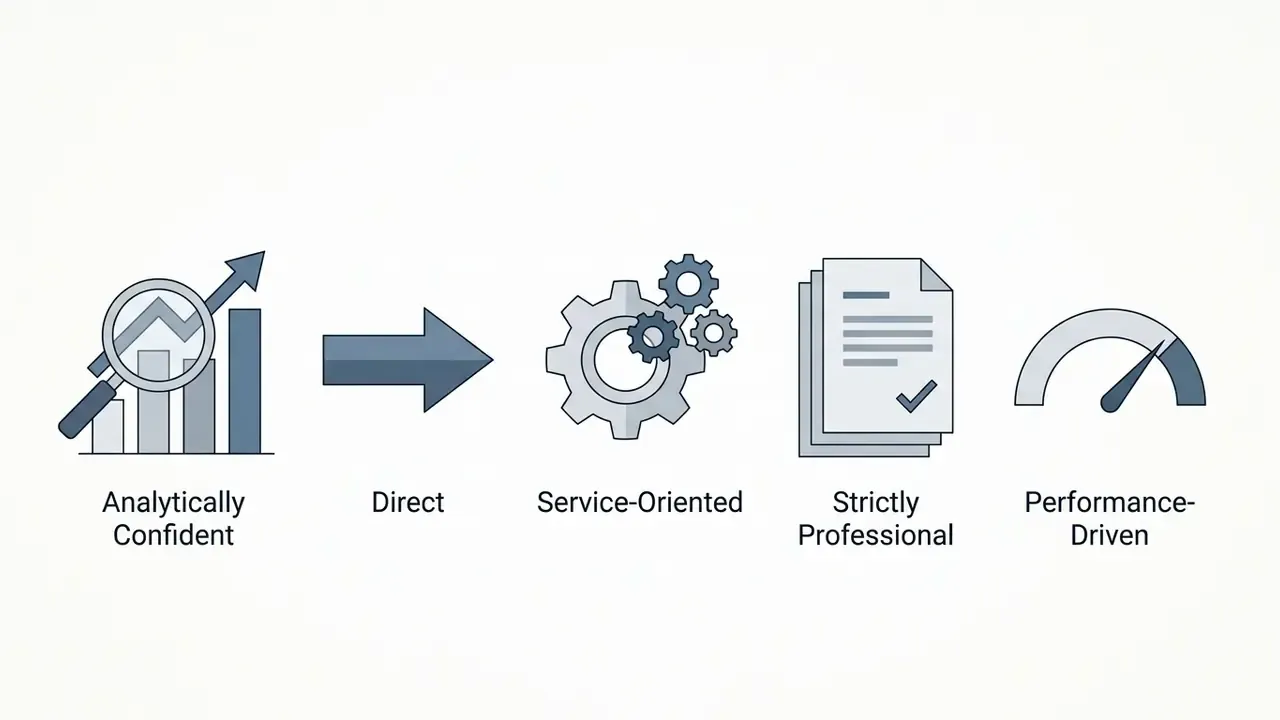 Icons representing analytical, direct, service-oriented, professional, and performance-driven traits