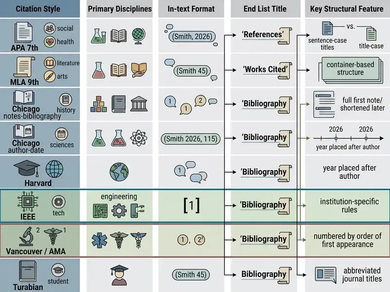 Comparison table outlining academic citation styles by discipline, in-text format, and structural features