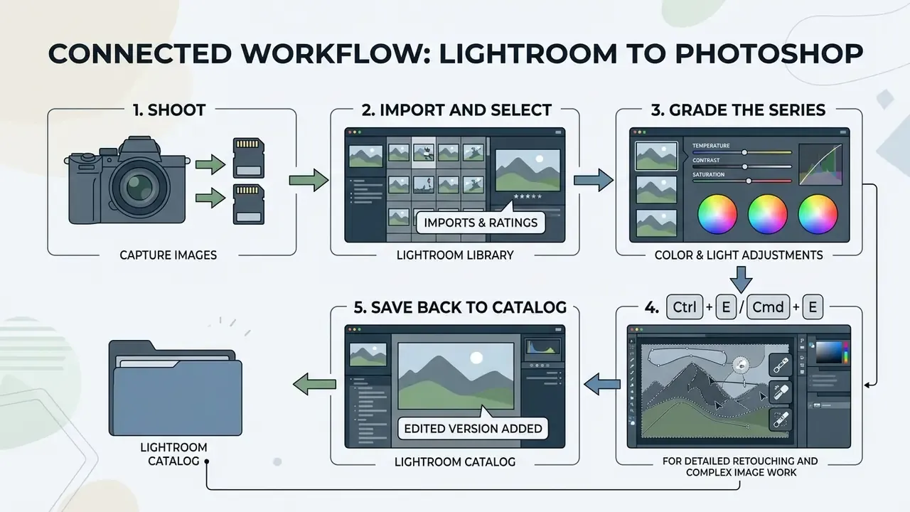 Step-by-step process for moving images from Lightroom to Photoshop and back to the catalog