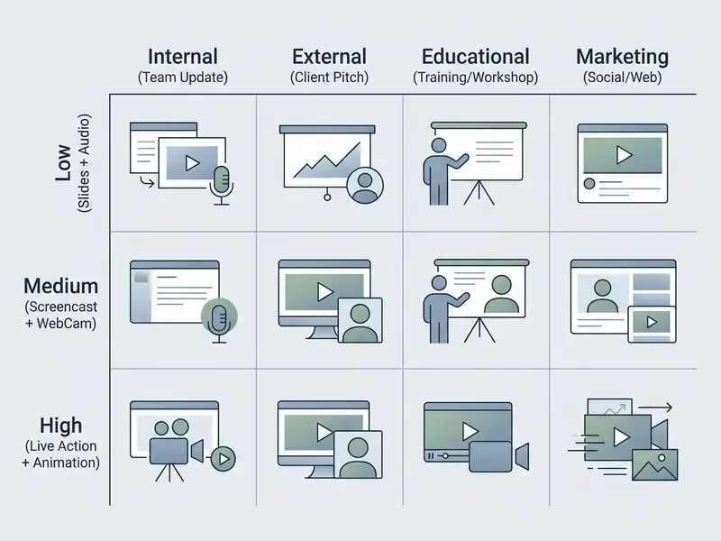 Matrix chart comparing video presentation formats based on production complexity and audience intent