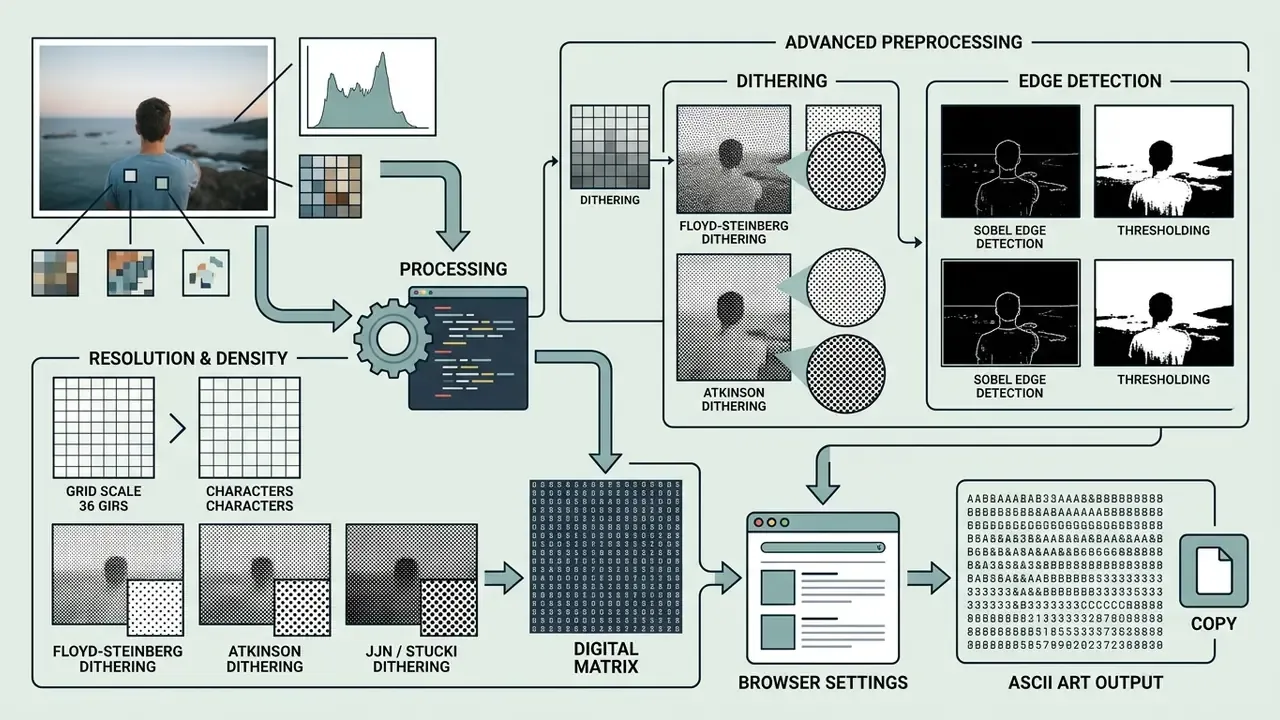 Infographic detailing the image processing steps of dithering, edge detection, and grid mapping for ASCII art