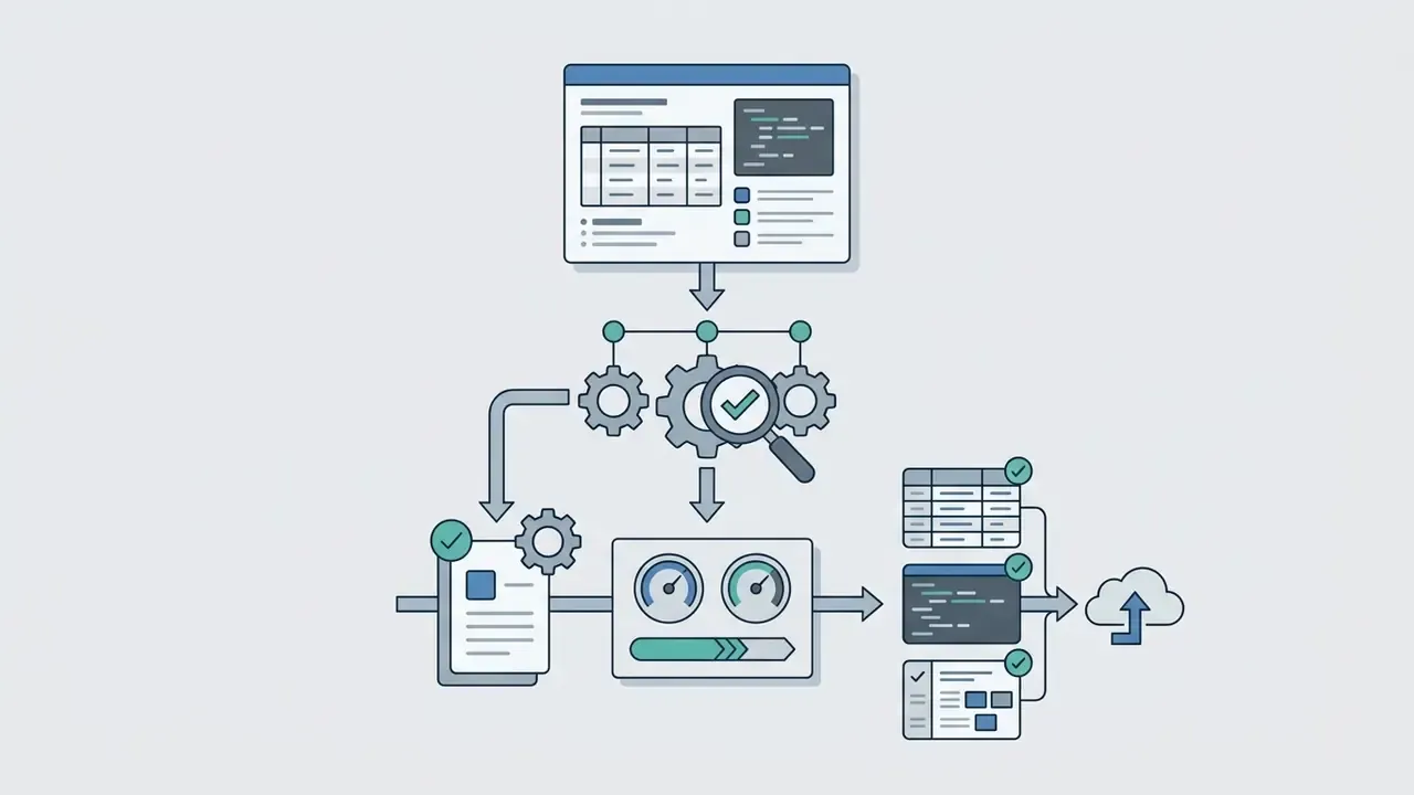 Screen capture being processed by gears, gauges, and analysis tools into structured data and cloud storage