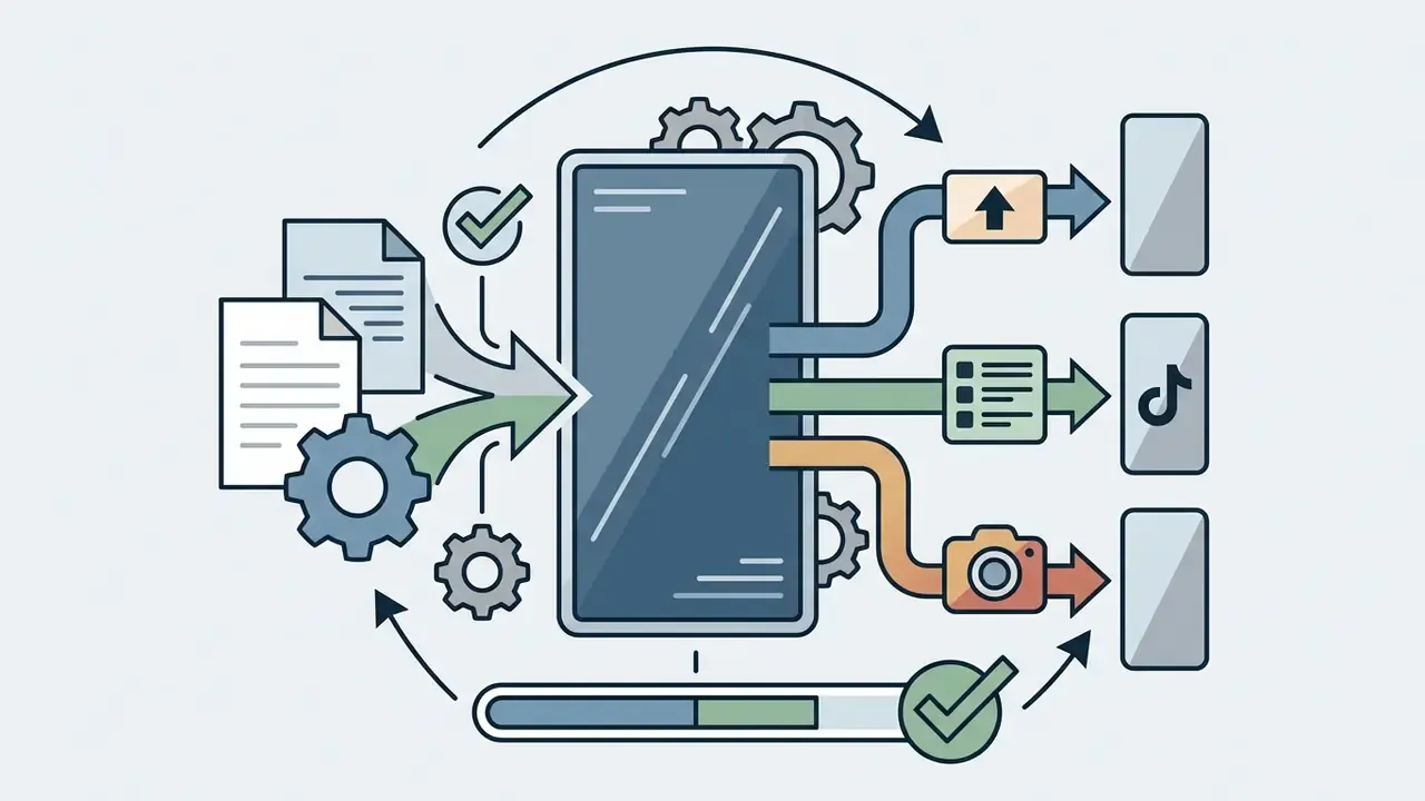 Documents and gears feeding into a central phone screen that exports vertical video to social media platforms