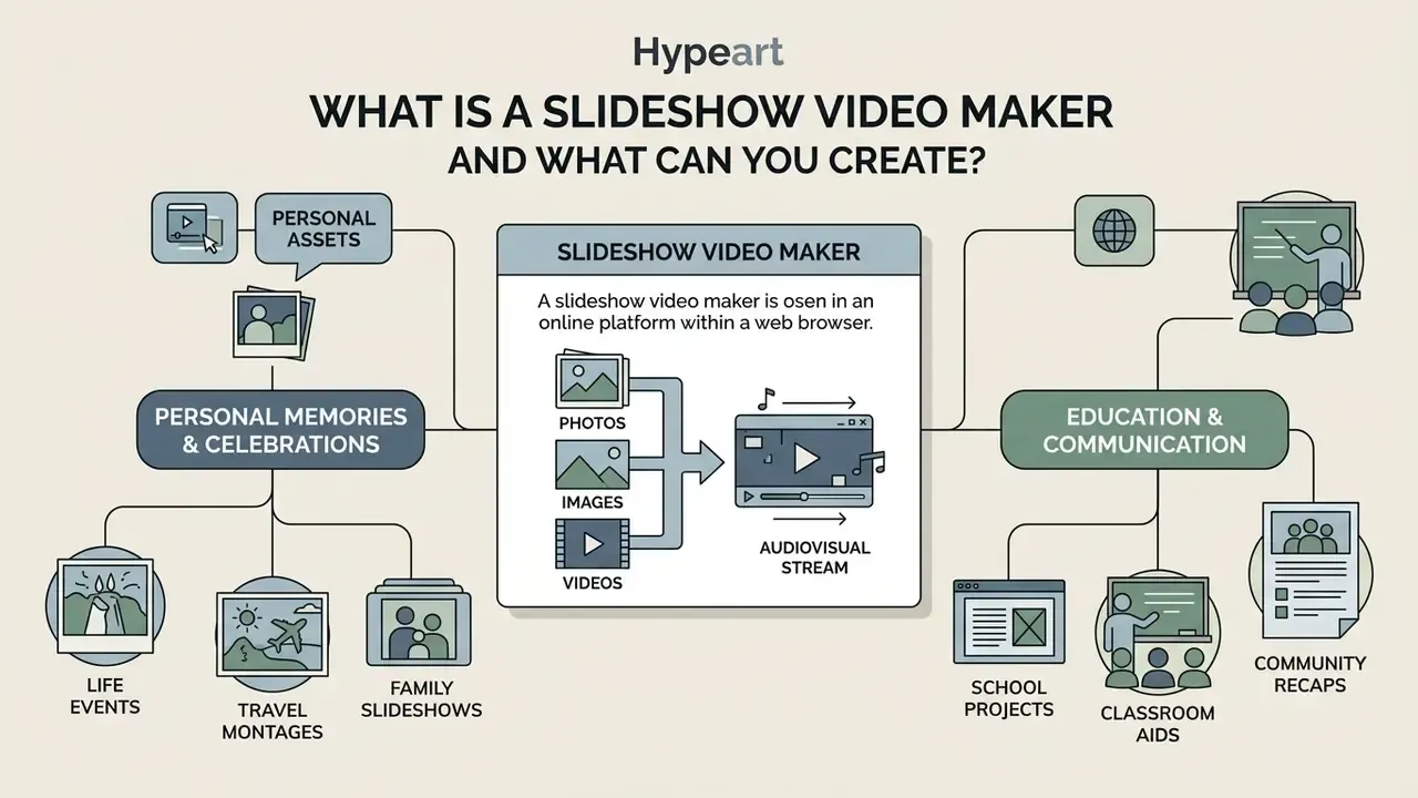 Infographic showing how a slideshow video maker converts photos and videos into an audiovisual stream