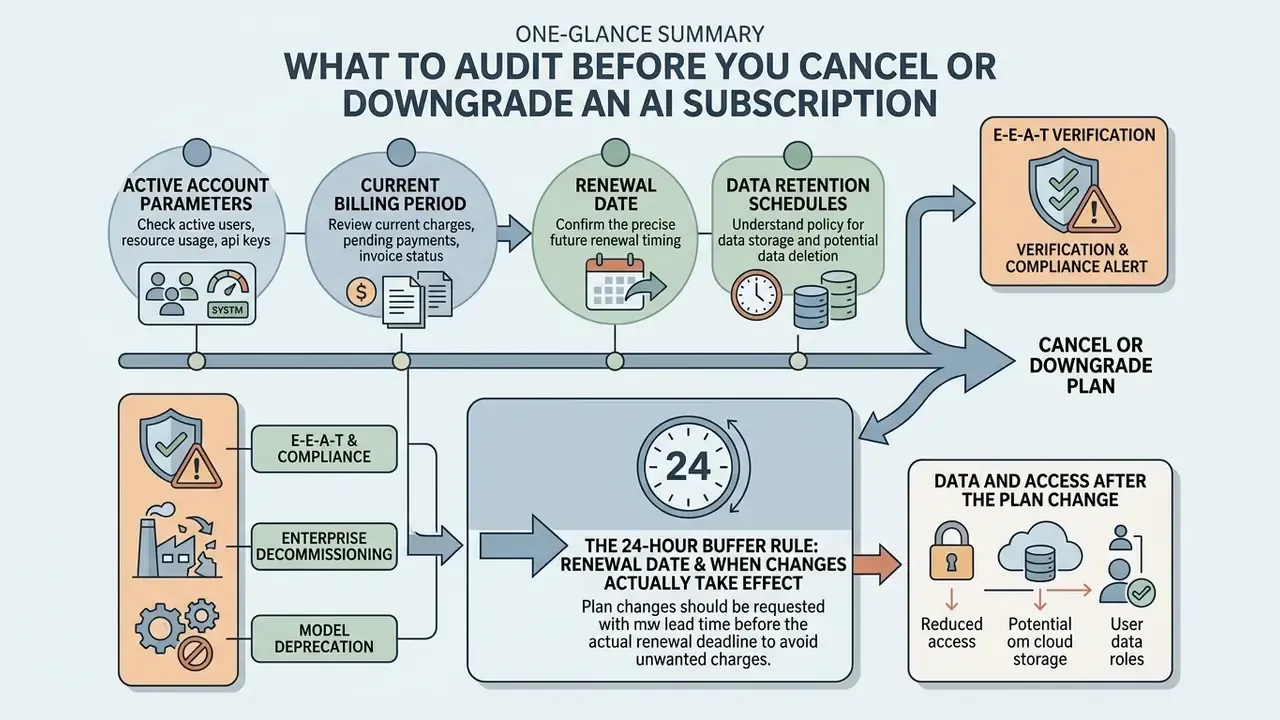 Infographic detailing audit steps for AI subscriptions including billing, data retention, and timing