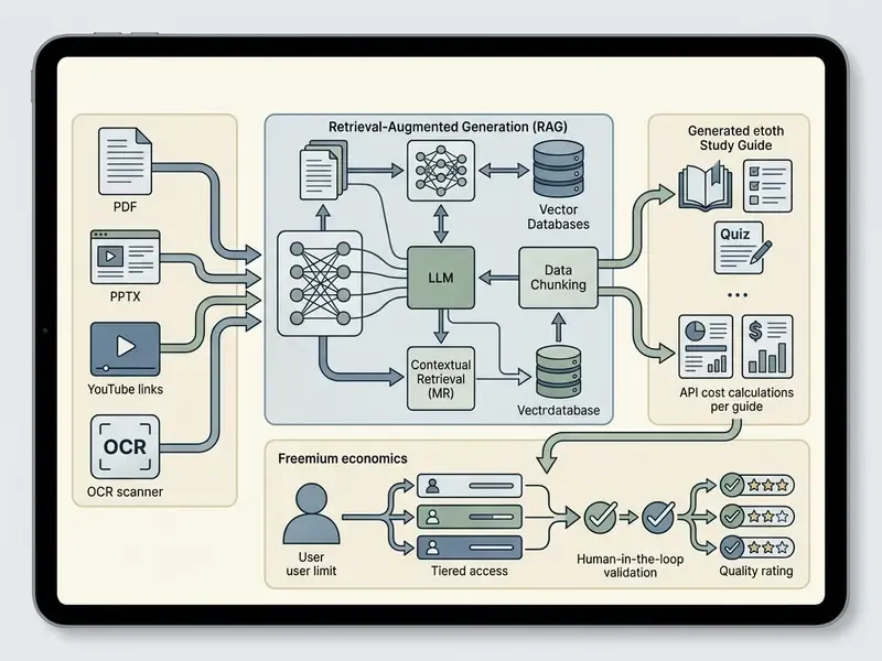 Tablet screen displaying a technical workflow for an AI study guide maker using RAG and tiered economics
